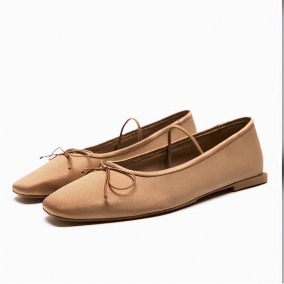 Zara Satin Effect ballet Flats square toe with Bow pink shoes size 40 slip on - Picture 1 of 16